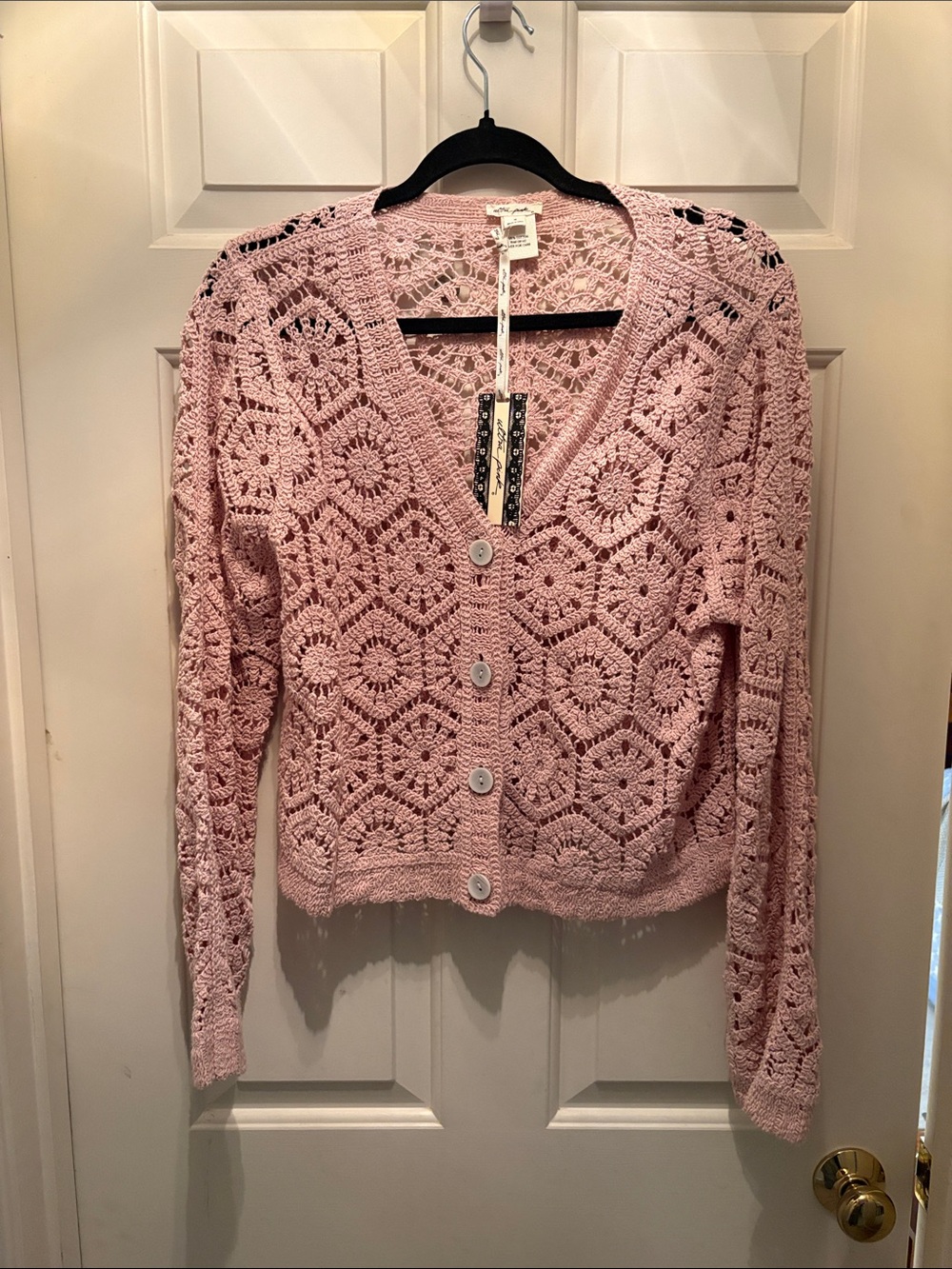 Ultra Pink Crochet Button-Up Light Pink Cardigan